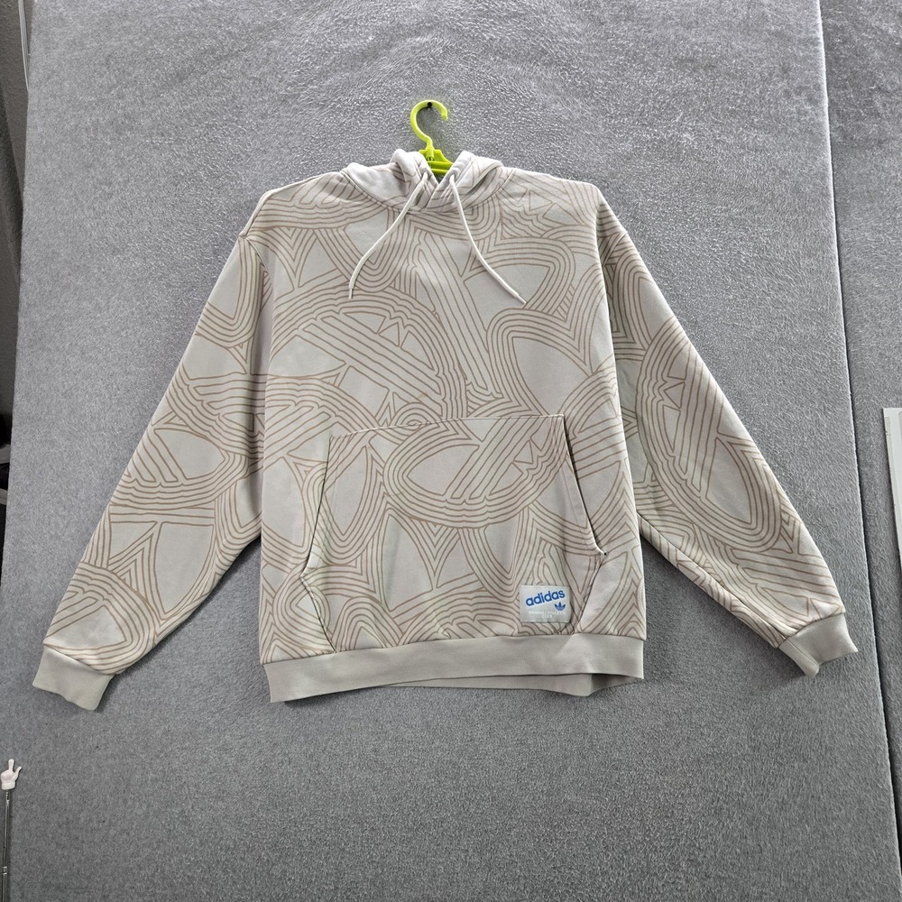 Adidas Men Hoodie 3XL Beige Graphic Fleece Club AOP Trefoil Logos Pullover READ
